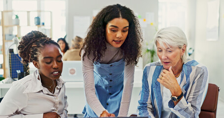 Online, planning and business women in meeting for campaign manager, branding strategy and team....