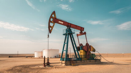 Industrial Oasis: An oil pump, a symbol of industry's drive, tirelessly extracts resources beneath a clear sky, set against an arid landscape.