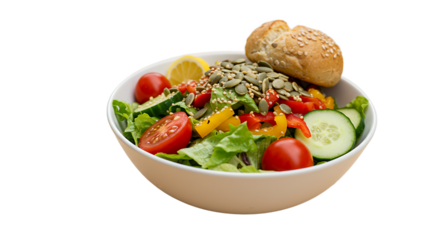 A vibrant salad with fresh vegetables, seeds, and a roll served in a white bowl on black background