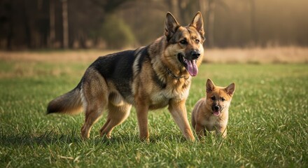 A Majestic German Shepherd and Puppy Bonding in a Grassy Open Space