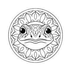 Detailed frog mandala illustration for coloring pages and educational black and white resources