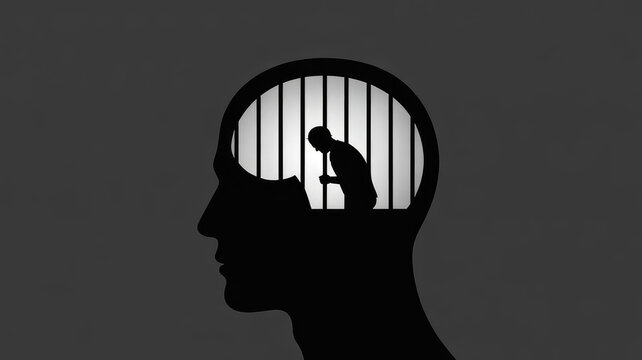 Trapped Thoughts: A poignant representation of the mind's struggles, a silhouette of a head housing a caged figure, symbolizing internal confinement and emotional turmoil.