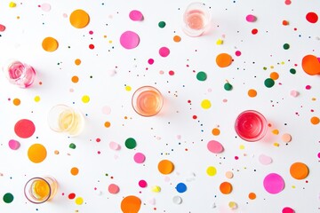 Party time. Party caps ,drink and confeti on white background