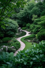 there is a path that is winding through a garden