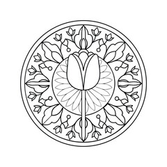 Ornamental floral medallion design elegant tulip flower pattern delicate botanical illustration black and white line art
