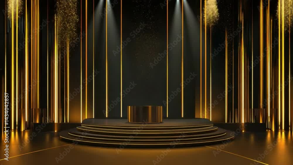 Poster illuminated stage with glowing vertical stripes and spotlight in a dark setting for performances and