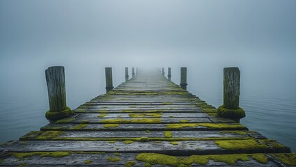 Fototapeta premium Misty horizon over a weathered wooden pier