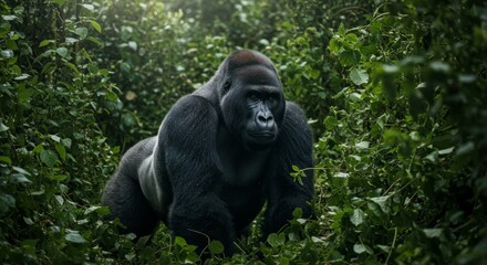 Obraz premium Portrait of a mighty silverback gorilla amidst dense green vegetation