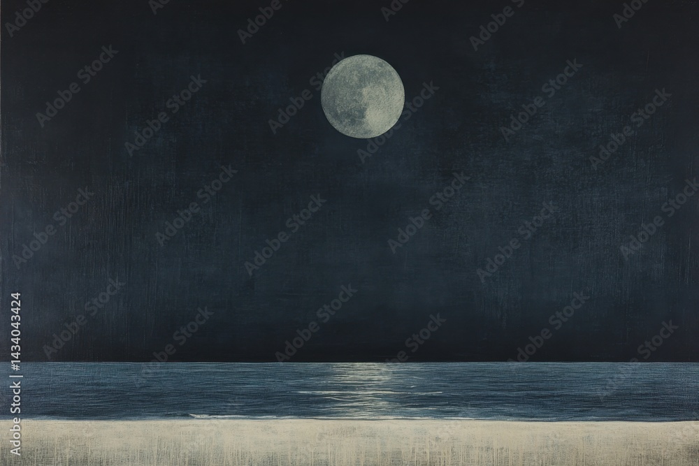 Poster serene seascape under a luminous moon casting a gentle glow over tranquil waters and sandy beach cre