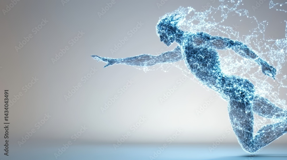 Poster blue figure is running with its arms outstretched. the image is a representation of a person in moti