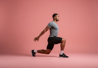 Dynamic lunge exercise performed by strong athletic man on pastel backdrop