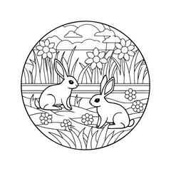 Adorable Bunnies in Spring Meadow Coloring Page Illustration