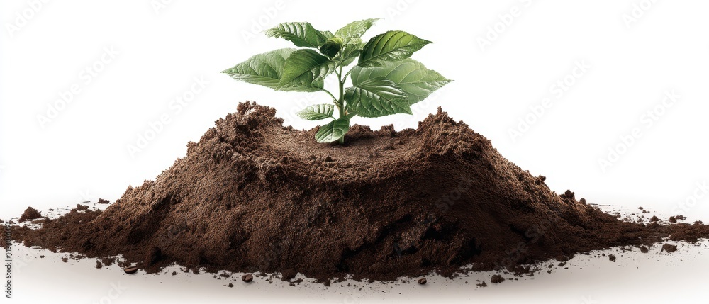 Poster sprout emerging from rich soil mound symbolizing growth and new beginnings on white backdrop in stud