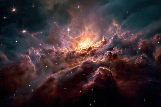 Glowing protostar ignites within swirling nebula of crimson, gold, and violet gases