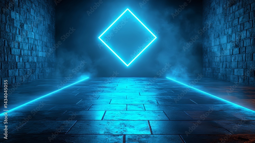 Aufkleber blue room with a square light in the middle. the light is blue and it is glowing