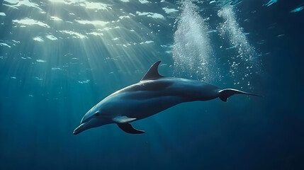 Fototapeta premium Dolphin Swimming Underwater With Sunlight