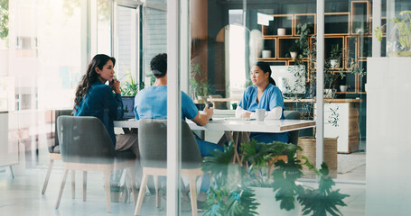 Manager, teamwork or nurses in hospital with surgeon, conversation or health treatment results in...