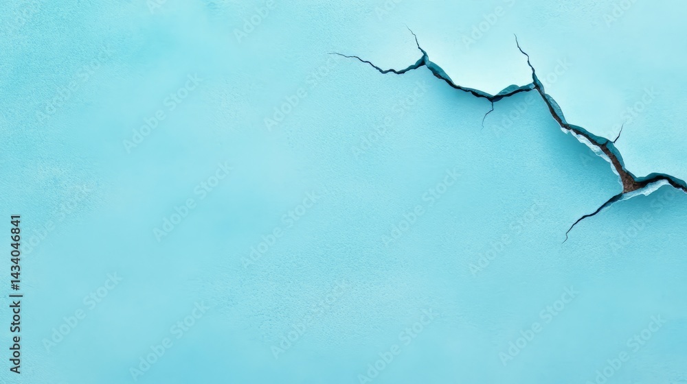Poster blue wall with a crack in it. the crack is large and jagged. the wall is bare and the crack is the o