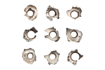 bullet holes isolated on transparent background, cutout, round, fire, mark, hole pattern, hole texture, explosion