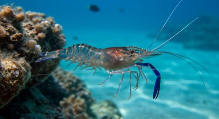 Underwater scene showcasing elegant shrimp amidst vivid coral reef formations