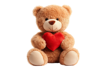 Teddy bear holding a red heart on a transparent background. Concept of love, Valentine's Day, and gifts.