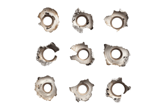 bullet holes isolated on transparent background, cutout, round, fire, mark, hole pattern, hole texture, explosion