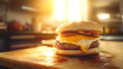 Delicious breakfast burger with egg and bacon