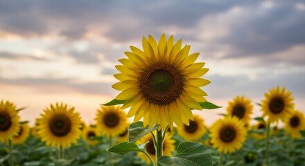 Fototapeta premium Vibrant sunflowers against the serene sunset, rural landscape beauty