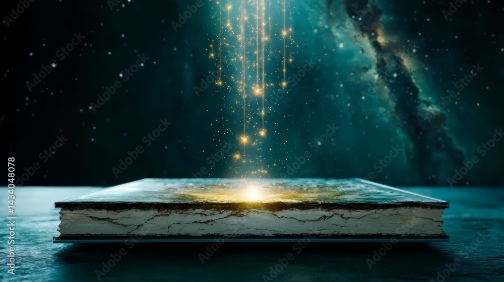 Aufkleber Book is on a table with a glowing light coming out of it. The light is surrounded by stars and the book appears to be glowing. The scene gives off a sense of wonder and magic