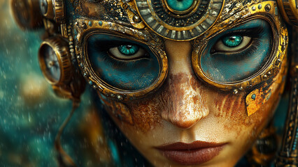 A close-up of a steampunk-inspired character with striking turquoise eyes, wearing an intricately designed metallic mask adorned with gears, rivets, and turquoise accents. The mask has a weathered.