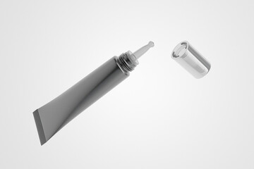 luxury nozzle tip tube packaging, black plastic serum dropper tubular container, eye cream product, squeeze tube with screw cap packaging mockup, plastic makeup tube with nozzle tip