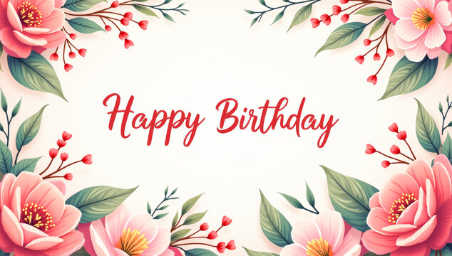 flower frame, happy birthday inscription in the center