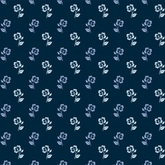Flowers pattern doodle shapes motif continuous blue background. Modern floral fabric design textile swatch ladies dress, men's shirt all over print block. © Ripi Art