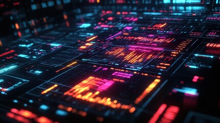 Futuristic digital interface with vibrant glowing code