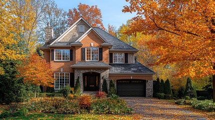 Brick house autumn leaves driveway landscape real estate
