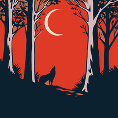 "Wolf silhouettes howling under moonlit skies with forest, mountain, and aurora backdrops, vector illustration"