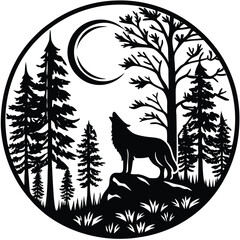 "Wolf silhouettes howling under moonlit skies with forest, mountain, and aurora backdrops, vector illustration"