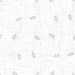 White neutral minimal floral bloom motif with linen effect texture for baby nursery seamless background. Modern muted simple soft pattern for wallpaper, home decor, white grey design. 