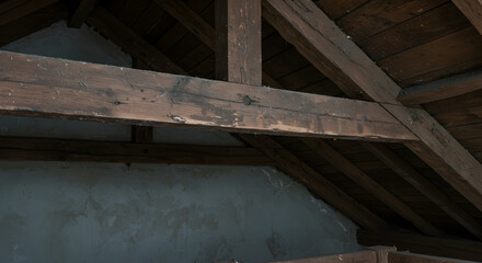 Wooden Roof Beams in the Attic Space with Plaster Walls and Nail Details
