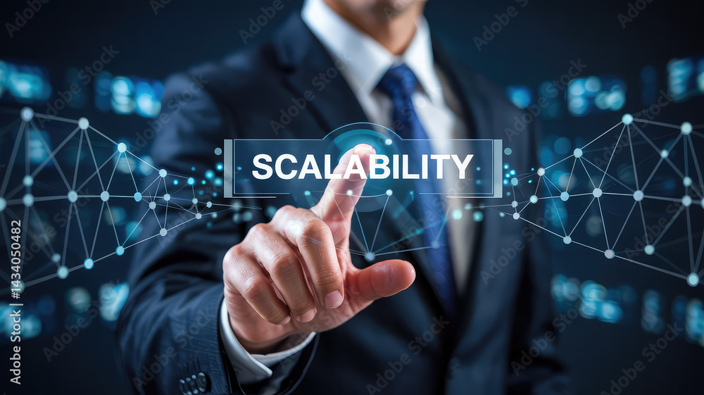 Poster businessman selecting scalability: a businessman in a dark suit presses a button labeled 