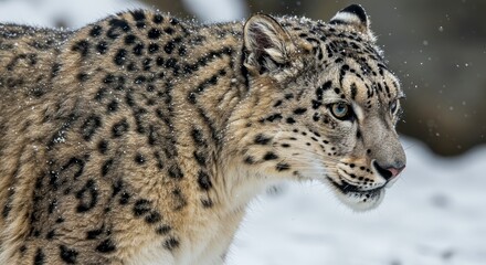 Fototapeta premium Graceful snow leopard in winter with spotted fur and enchanting blue eyes