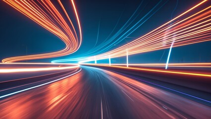 Neon light trails on a futuristic highway