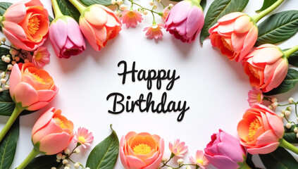 flower frame, happy birthday inscription in the center