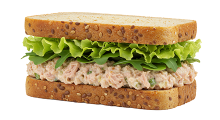 Close up of a tuna salad sandwich with lettuce and arugula on multigrain bread isolated on black