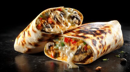 Delicious grilled burrito with melted cheese and vegetables.