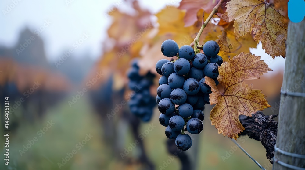 Poster bunch of grapes hanging from a vine with leaves on the vine. the grapes are black and the leaves are