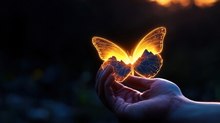 A person gently holding a glowing butterfly at sunset, with mountains in the background
