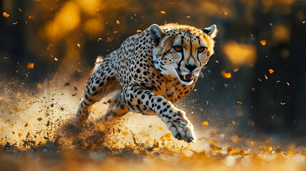 Fast cheetah in motion through the golden savanna.