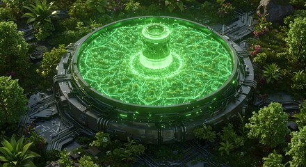 Futuristic Structure with Green Glow Amidst Overgrown Nature
