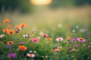 Obraz premium Scattered wildflowers in muted tones, soft focus, simple, flowers